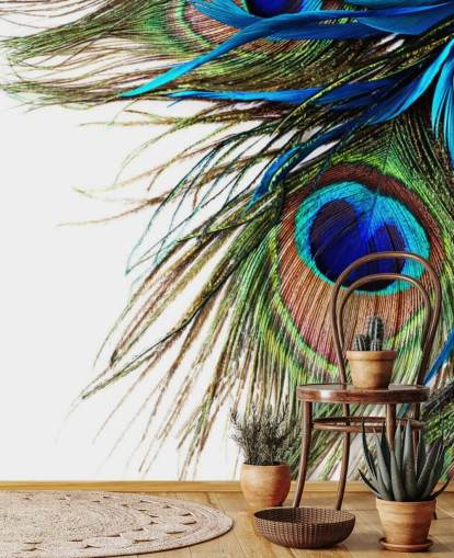blue, green and white custom peacock wallpaper mural called Large Peacock Feathers for bedrooms