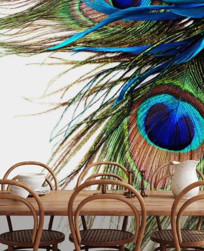 mural de papel pintado personalizado de pavo real azul, verde y blanco llamado Large Peacock Feathers para dormitorios