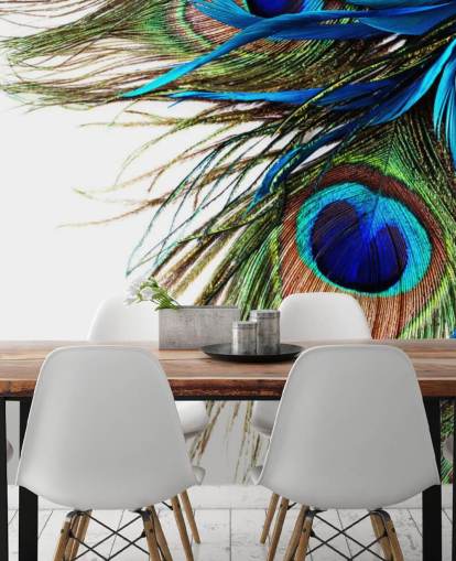 sininen, vihreä ja valkoinen mukautettu riikinkukko-taustakuvamaalaus nimeltä Large Peacock Feathers makuuhuoneisiin