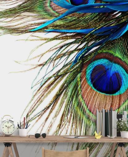 sininen, vihreä ja valkoinen mukautettu riikinkukko-taustakuvamaalaus nimeltä Large Peacock Feathers makuuhuoneisiin