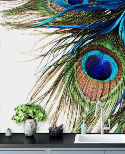 mural de papel pintado personalizado de pavo real azul, verde y blanco llamado Large Peacock Feathers para dormitorios