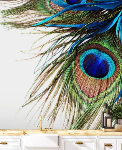 blauwe, groene en witte op maat gemaakte pauwbehangmuurschildering genaamd Large Peacock Feathers voor slaapkamers blauwe, groene en witte op maat gemaakte pauwbehangmuurschildering genaamd Large Peacock Feathers voor slaapkamers