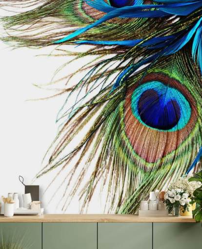 blå, grön och vit anpassad påfågel tapetväggmålning kallad Large Peacock Feathers för sovrum