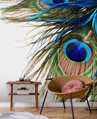 blauwe, groene en witte op maat gemaakte pauwbehangmuurschildering genaamd Large Peacock Feathers voor slaapkamers blauwe, groene en witte op maat gemaakte pauwbehangmuurschildering genaamd Large Peacock Feathers voor slaapkamers