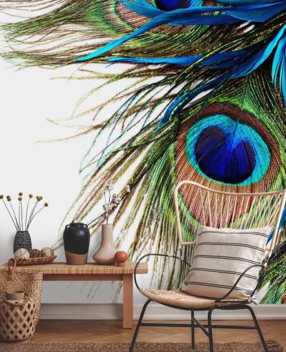 blå, grön och vit anpassad påfågel tapetväggmålning kallad Large Peacock Feathers för sovrum blå, grön och vit anpassad påfågel tapetväggmålning kallad Large Peacock Feathers för sovrum