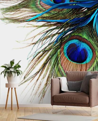 blå, grøn og hvid brugerdefineret påfugl tapetmaleri kaldet Large Peacock Feathers til soveværelser blå, grøn og hvid brugerdefineret påfugl tapetmaleri kaldet Large Peacock Feathers til soveværelser