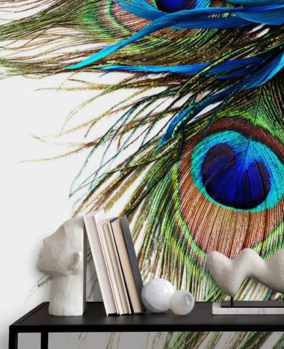 mural de papel pintado personalizado de pavo real azul, verde y blanco llamado Large Peacock Feathers para dormitorios mural de papel pintado personalizado de pavo real azul, verde y blanco llamado Large Peacock Feathers para dormitorios