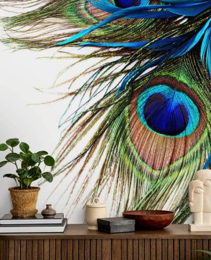 blue, green and white custom peacock wallpaper mural called Large Peacock Feathers for bedrooms