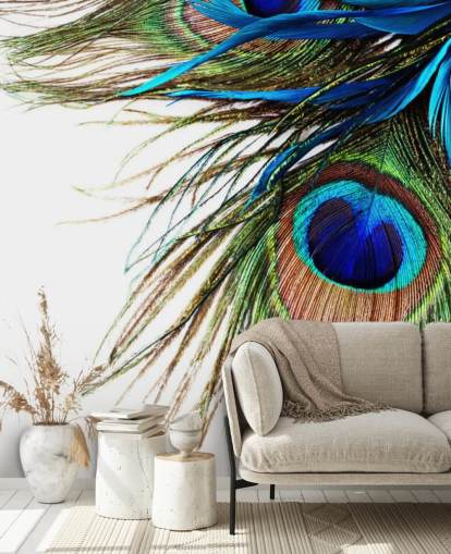 blå, grøn og hvid brugerdefineret påfugl tapetmaleri kaldet Large Peacock Feathers til soveværelser