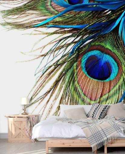 carta da parati murale personalizzata con pavone blu, verde e bianco chiamato Large Peacock Feathers per camere da letto carta da parati murale personalizzata con pavone blu, verde e bianco chiamato Large Peacock Feathers per camere da letto