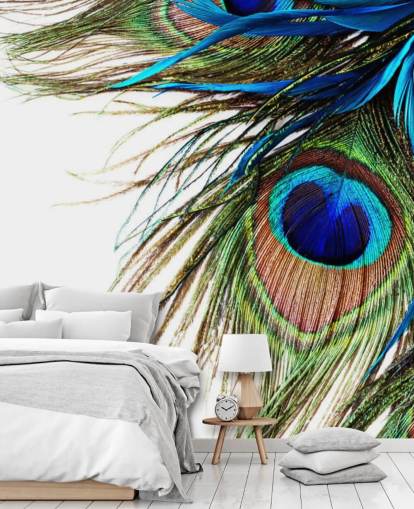 mural de papel pintado personalizado de pavo real azul, verde y blanco llamado Large Peacock Feathers para dormitorios mural de papel pintado personalizado de pavo real azul, verde y blanco llamado Large Peacock Feathers para dormitorios