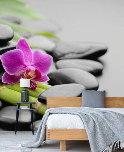 Pink Orchid, Bamboo and Pebbles Wallpaper