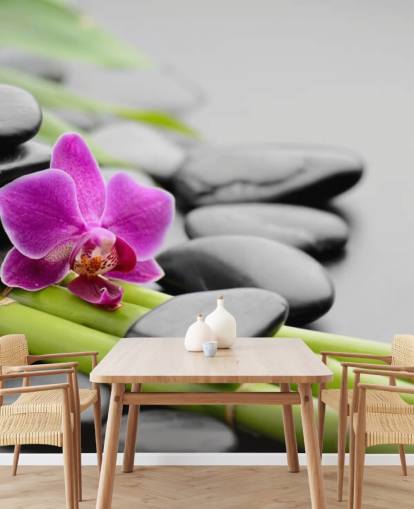 Papel pintado Orquídea rosa, bambú y guijarros Papel pintado Orquídea rosa, bambú y guijarros