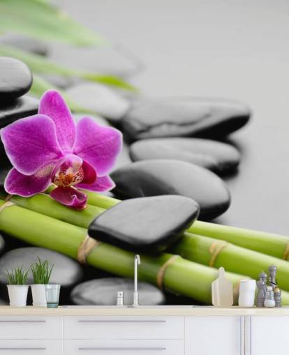 Pink Orchid, Bamboo and Pebbles Wallpaper
