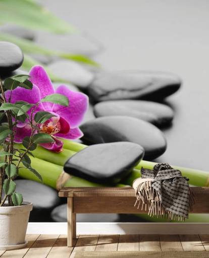 Pink Orchid, Bamboo and Pebbles Wallpaper