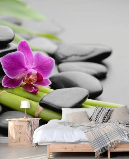 Roze orchidee, bamboe en kiezelstenen behang Roze orchidee, bamboe en kiezelstenen behang