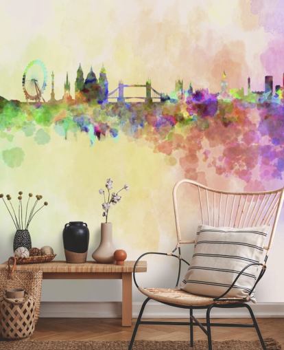 colourful watercolor of london wall mural