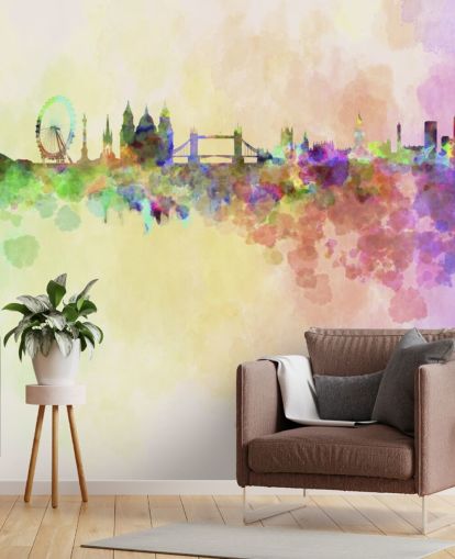 colourful watercolor of london wall mural