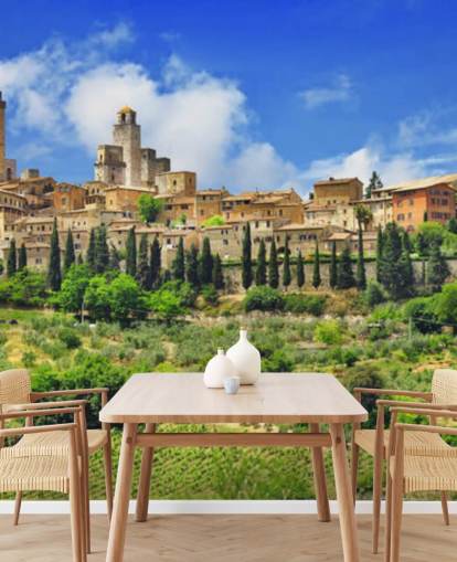 Italiaans dorp op heuveltop muurschildering