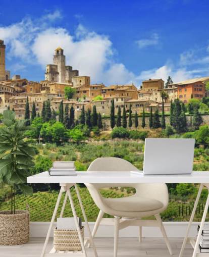 Decorazione murale con villaggio italiano sulla cima di una collina