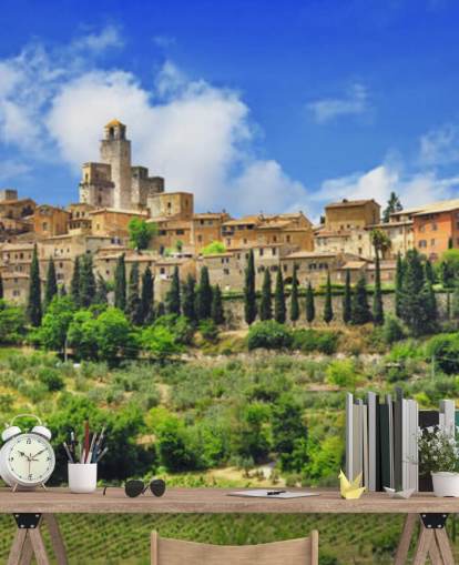 Italiaans dorp op heuveltop muurschildering