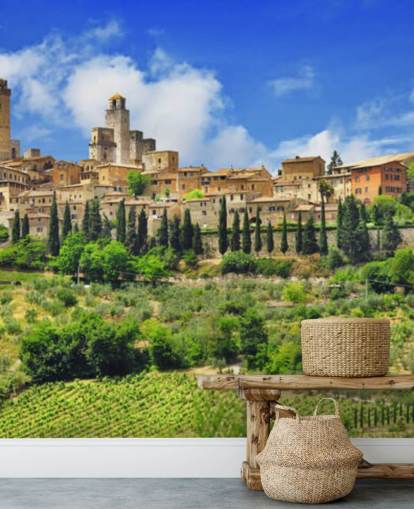 Italiaans dorp op heuveltop muurschildering