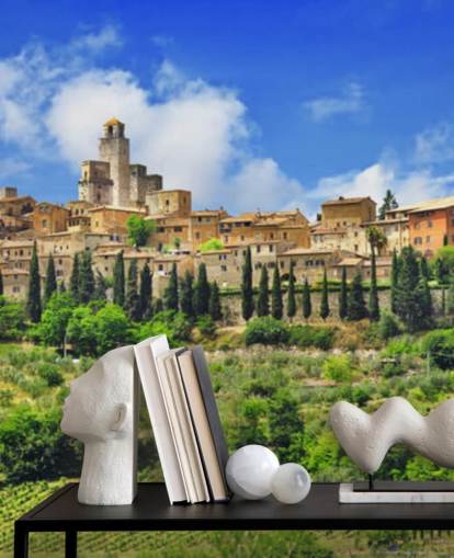 Decorazione murale con villaggio italiano sulla cima di una collina