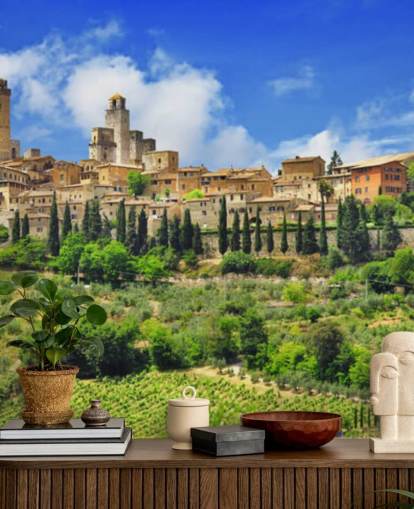 Decorazione murale con villaggio italiano sulla cima di una collina