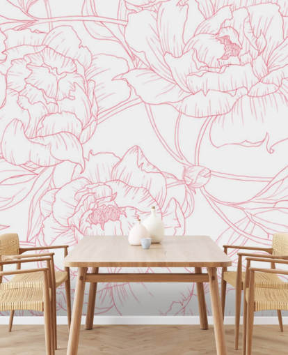 Strichzeichnungen rosa und weiße Blumentapete Strichzeichnungen rosa und weiße Blumentapete