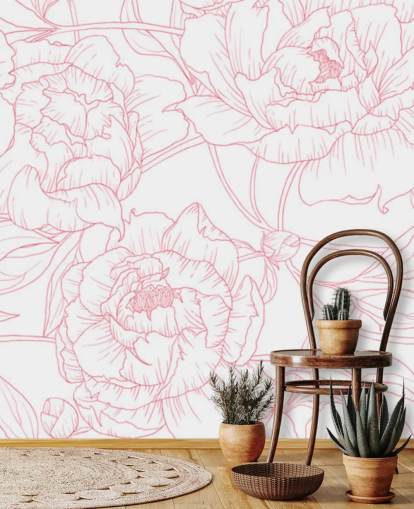 line art roze en wit bloemenbehang