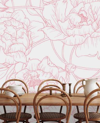 line art roze en wit bloemenbehang