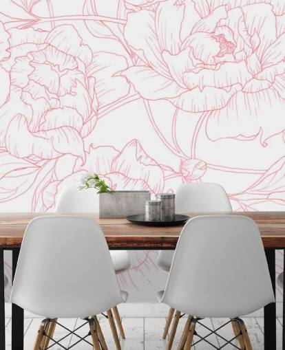 Strichzeichnungen rosa und weiße Blumentapete