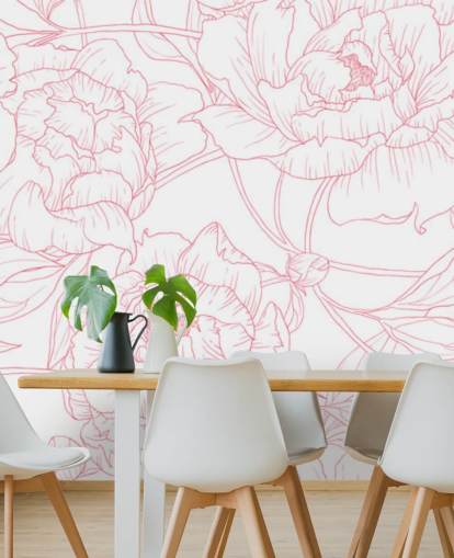 line art roze en wit bloemenbehang