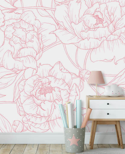 carta da parati floreale line art rosa e bianco
