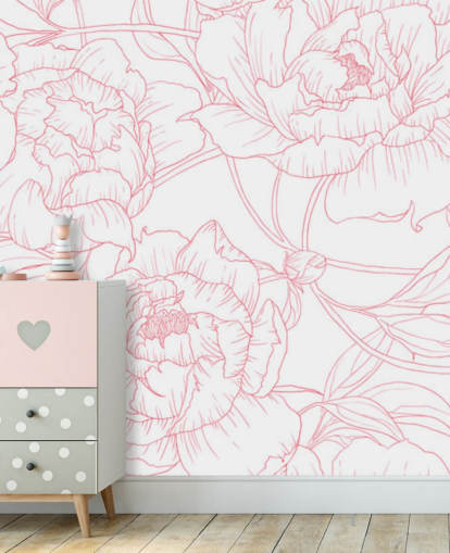 line art roze en wit bloemenbehang