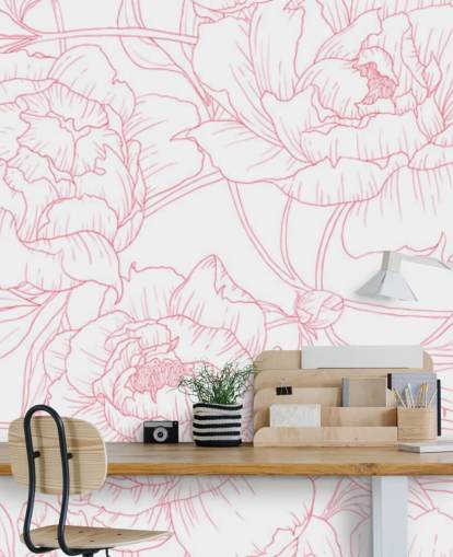 Strichzeichnungen rosa und weiße Blumentapete