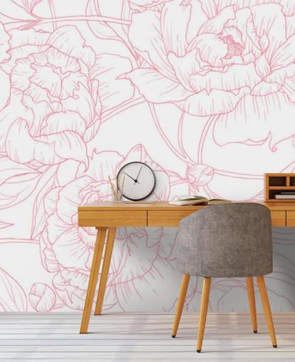 line art pink and white floral wallpaper