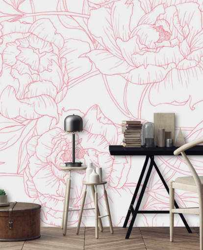 line art pink and white floral wallpaper