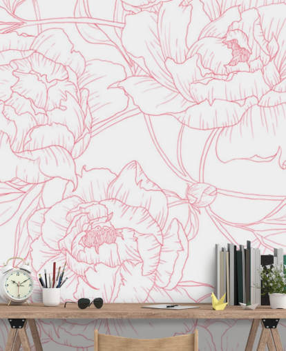 line art pink and white floral wallpaper