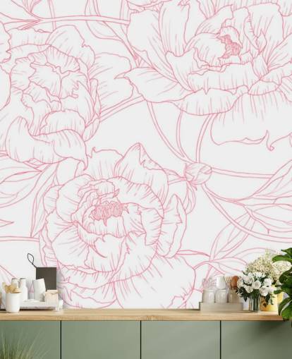 linje kunst rosa og hvit floral tapet