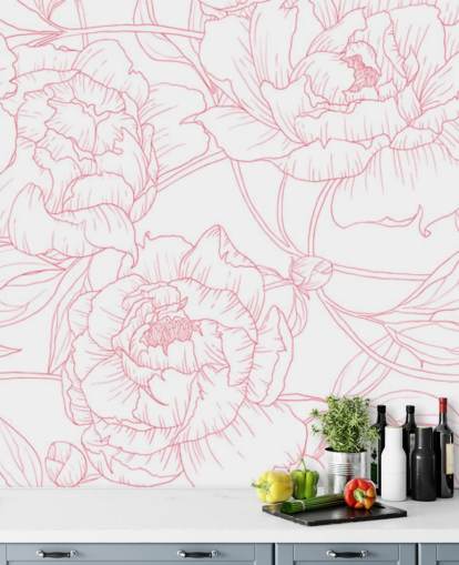 line art pink and white floral wallpaper