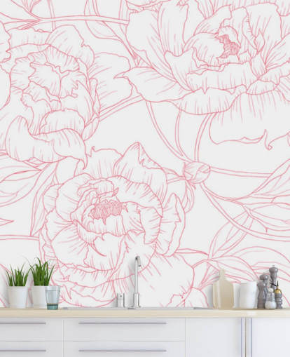 line art pink and white floral wallpaper