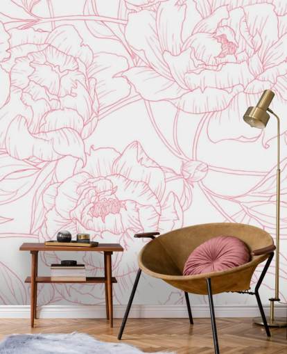 line art pink and white floral wallpaper