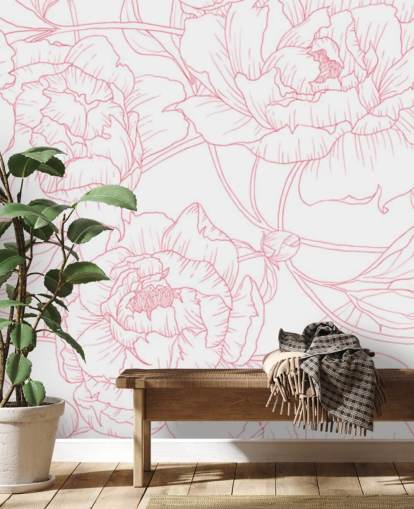 line art roze en wit bloemenbehang line art roze en wit bloemenbehang