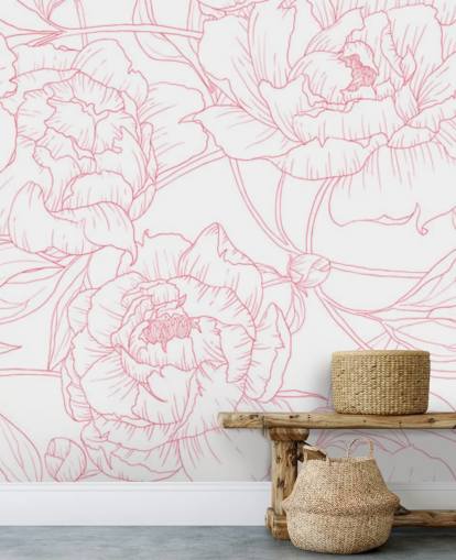 linje kunst rosa og hvit floral tapet