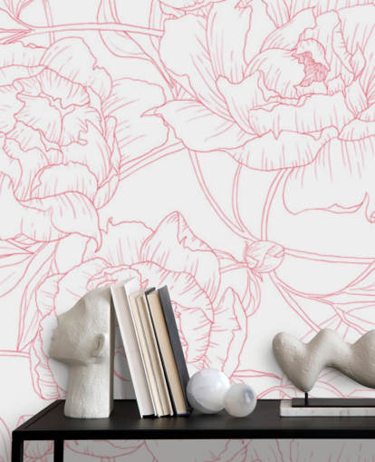 line art pink and white floral wallpaper