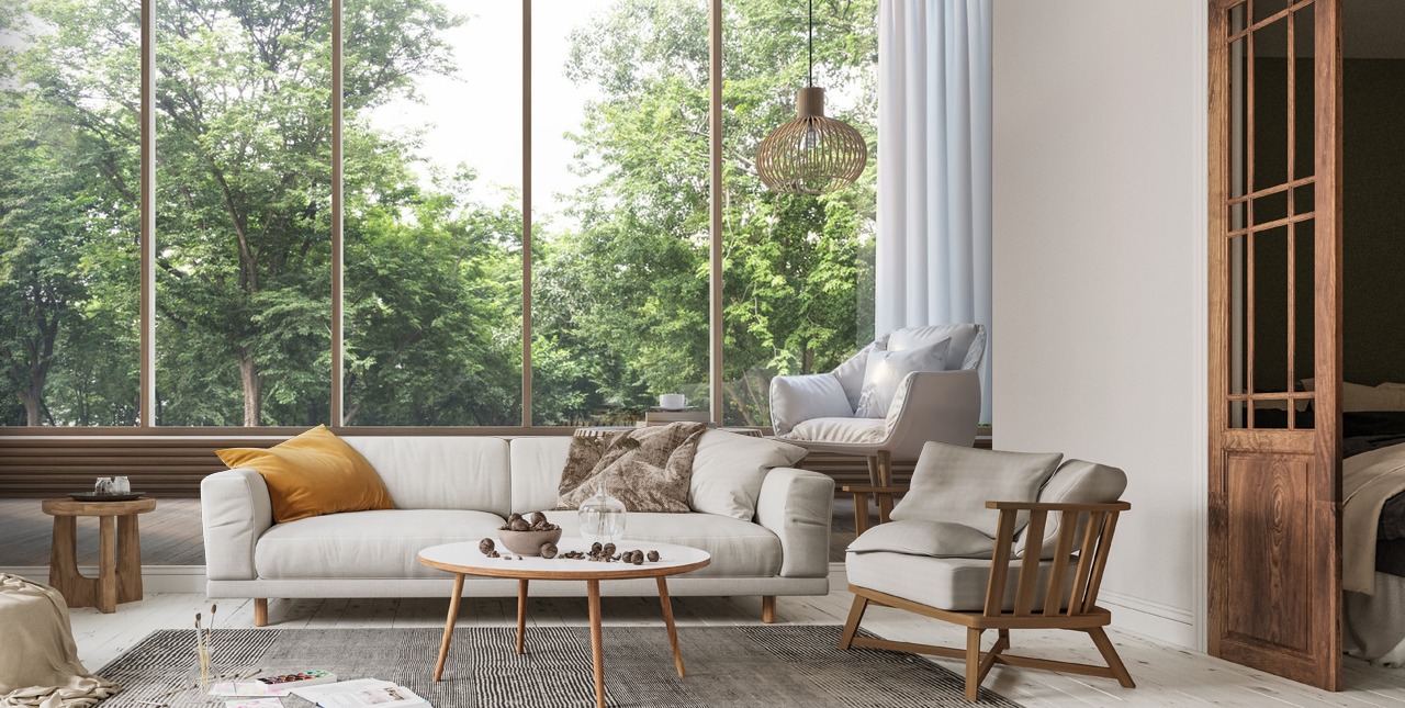 Modern living room with nature view 3d rendering Image | Wallsauce UK