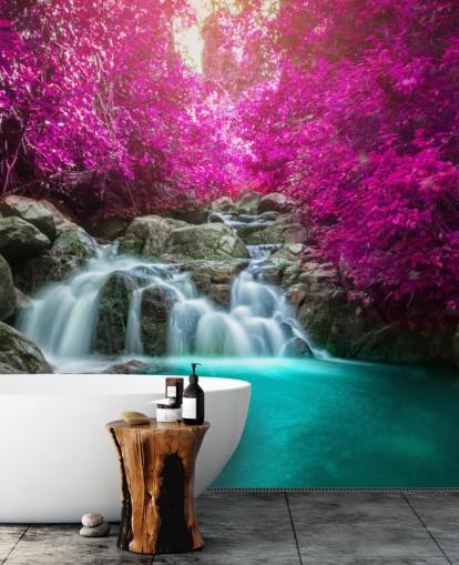 rosa Bäume und Wasserfall-Tapete rosa Bäume und Wasserfall-Tapete