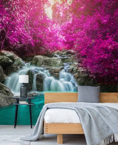 papel pintado de árboles rosados y cascada