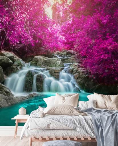 carta da parati con alberi rosa e cascata carta da parati con alberi rosa e cascata